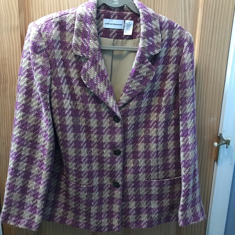 Alfred Dunner Plaid Tweed Womens Blazer in Plum/beige/white Size 14